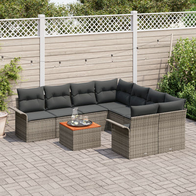 9 Piece Garden Sofa Set with Cushions Grey Poly Rattan Acacia