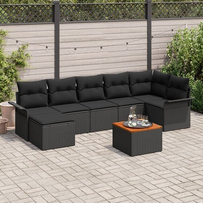 8 Piece Garden Sofa Set with Cushions Black Poly Rattan Acacia