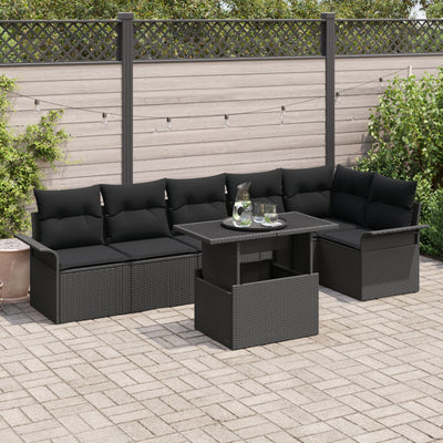 7 Piece Garden Sofa Set with Cushions Black Poly Rattan