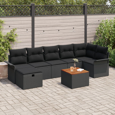 8 Piece Garden Sofa Set with Cushions Black Poly Rattan