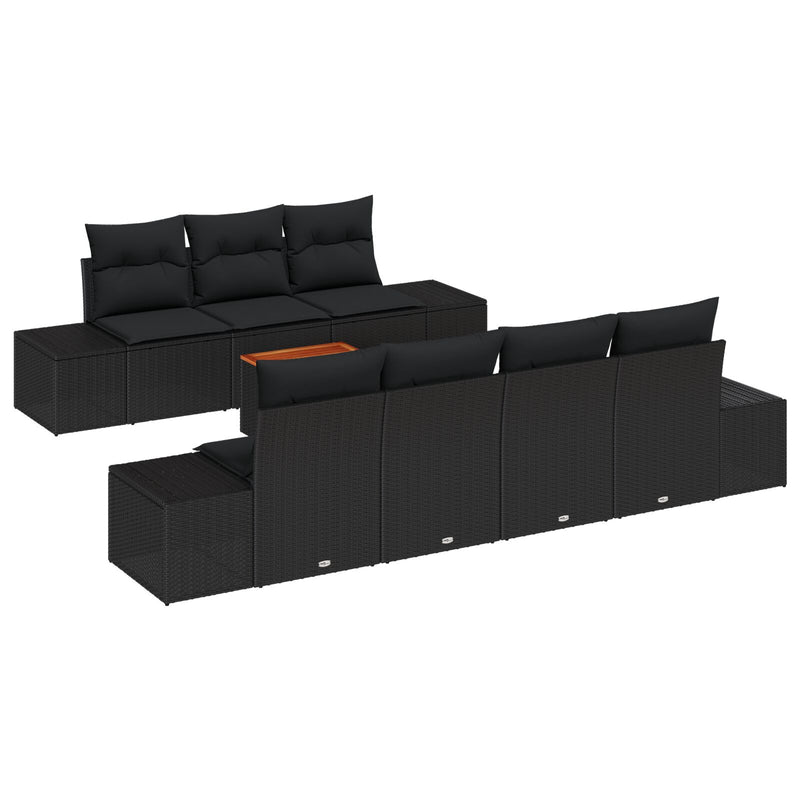 8 Piece Garden Sofa Set with Cushions Black Poly Rattan Acacia