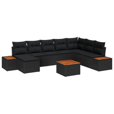 9 Piece Garden Sofa Set with Cushions Black Poly Rattan Acacia