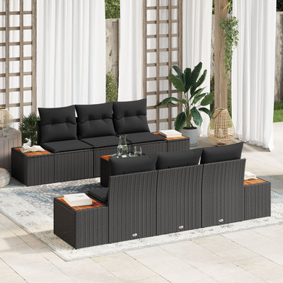 7 Piece Garden Sofa Set with Cushions Black Poly Rattan Acacia