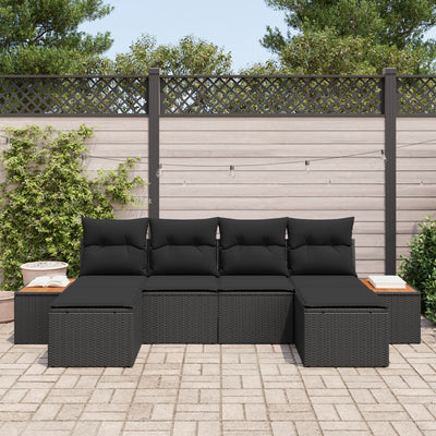 6 Piece Garden Sofa Set with Cushions Black Poly Rattan Acacia
