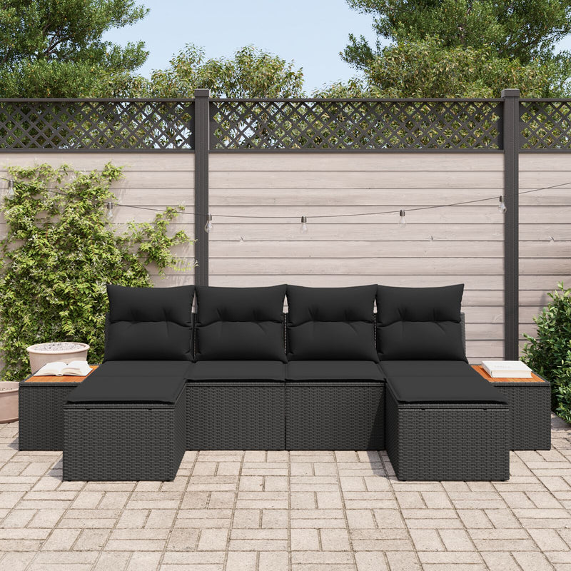 6 Piece Garden Sofa Set with Cushions Black Poly Rattan Acacia
