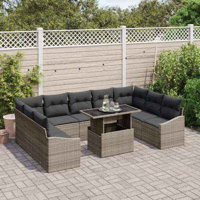 10 Piece Garden Sofa Set with Cushions Grey Poly Rattan