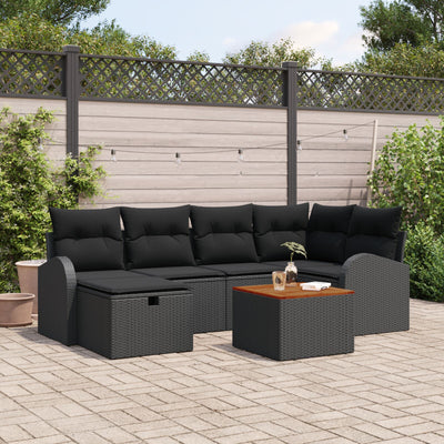 7 Piece Garden Sofa Set with Cushions Black Poly Rattan