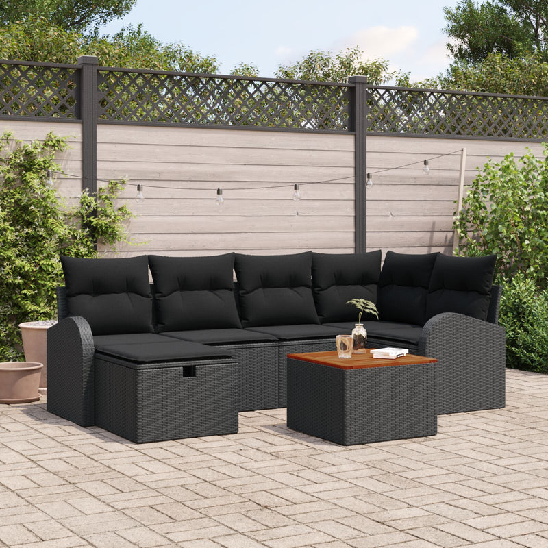 7 Piece Garden Sofa Set with Cushions Black Poly Rattan