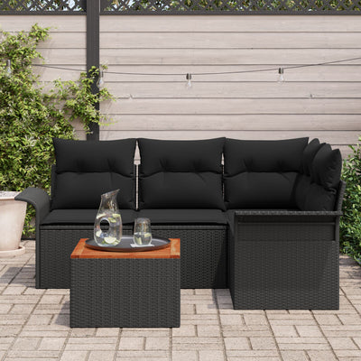 5 Piece Garden Sofa Set with Cushions Black Poly Rattan Acacia