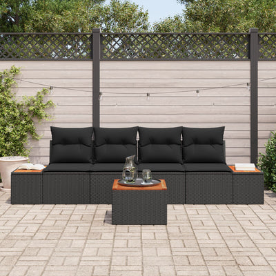 5 Piece Garden Sofa Set with Cushions Black Poly Rattan Acacia