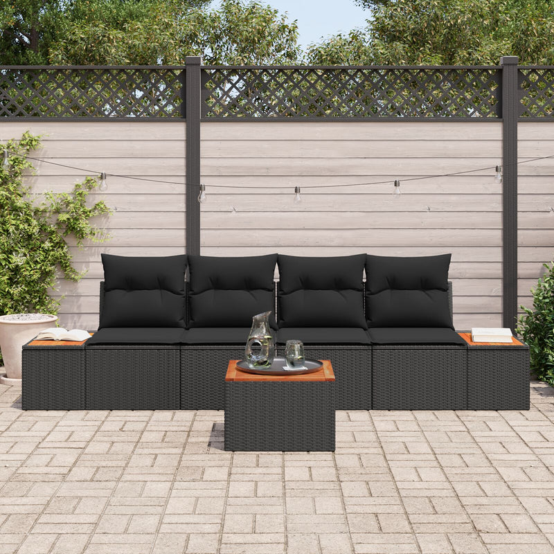 5 Piece Garden Sofa Set with Cushions Black Poly Rattan Acacia