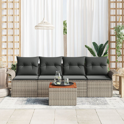 5 Piece Garden Sofa Set with Cushions Grey Poly Rattan Acacia