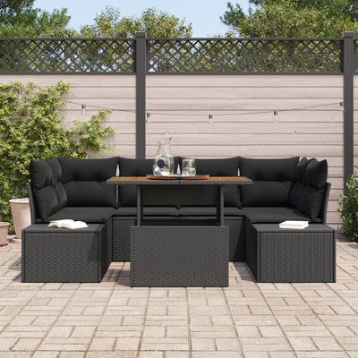 7 Piece Garden Sofa Set with Cushions Black Poly Rattan