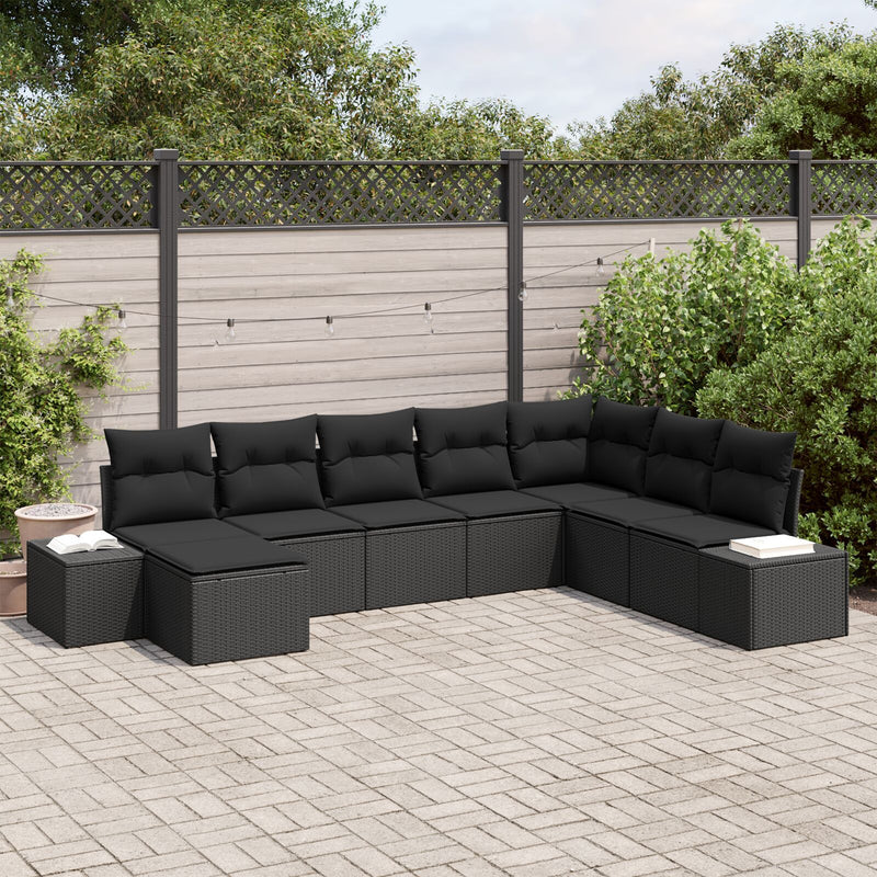 8 Piece Garden Sofa Set with Cushions Black Poly Rattan