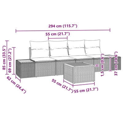 5 Piece Garden Sofa Set with Cushions Black Poly Rattan Acacia