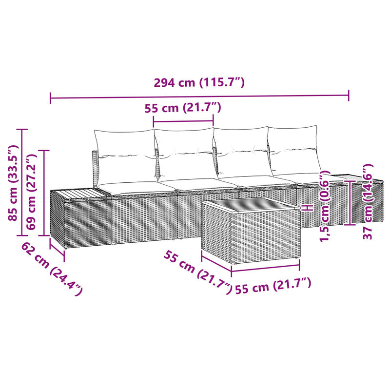 5 Piece Garden Sofa Set with Cushions Black Poly Rattan Acacia