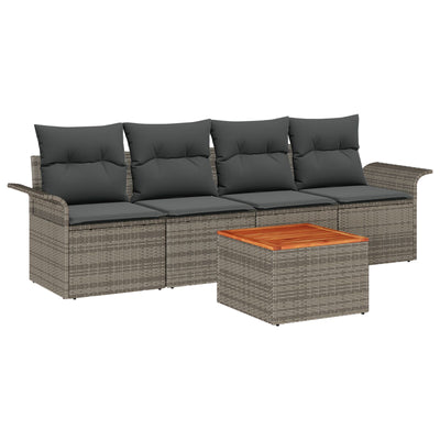 5 Piece Garden Sofa Set with Cushions Grey Poly Rattan Acacia