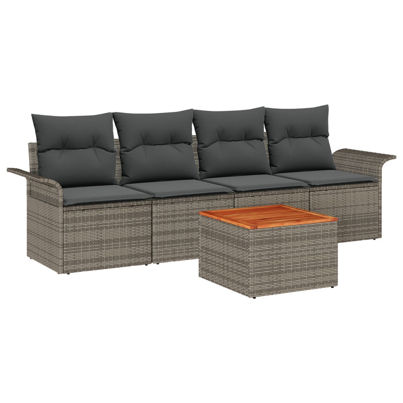 5 Piece Garden Sofa Set with Cushions Grey Poly Rattan Acacia