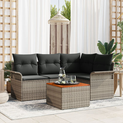 5 Piece Garden Sofa Set with Cushions Grey Poly Rattan Acacia