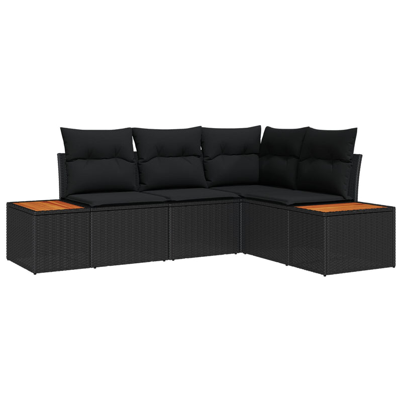 4 Piece Garden Sofa Set with Cushions Black Poly Rattan Acacia