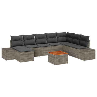 9 Piece Garden Sofa Set with Cushions Grey Poly Rattan Acacia