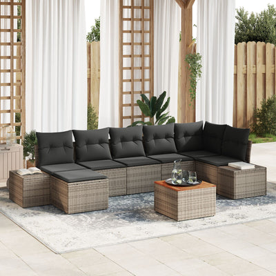 8 Piece Garden Sofa Set with Cushions Grey Poly Rattan Acacia