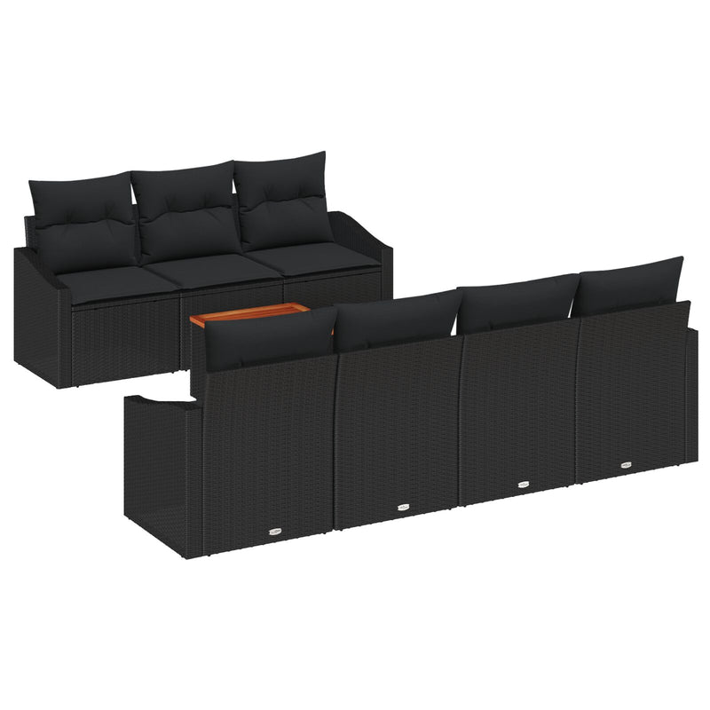 8 Piece Garden Sofa Set with Cushions Black Poly Rattan Acacia