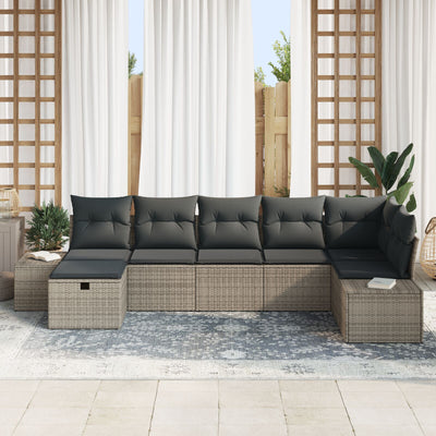 7 Piece Garden Sofa Set with Cushions Grey Poly Rattan