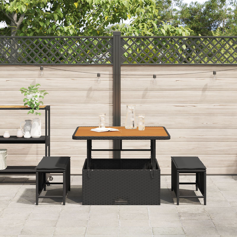 3 Piece Garden Dining Set with Cushions Black Poly Rattan Acacia