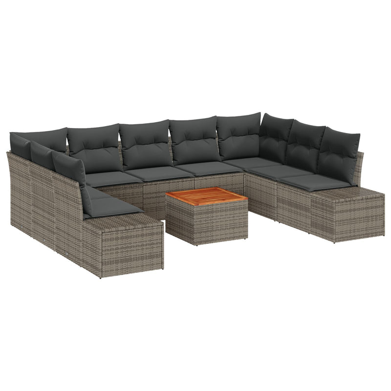 10 Piece Garden Sofa Set with Cushions Grey Poly Rattan Acacia