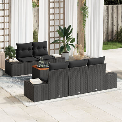 6 Piece Garden Sofa Set with Cushions Black Poly Rattan Acacia