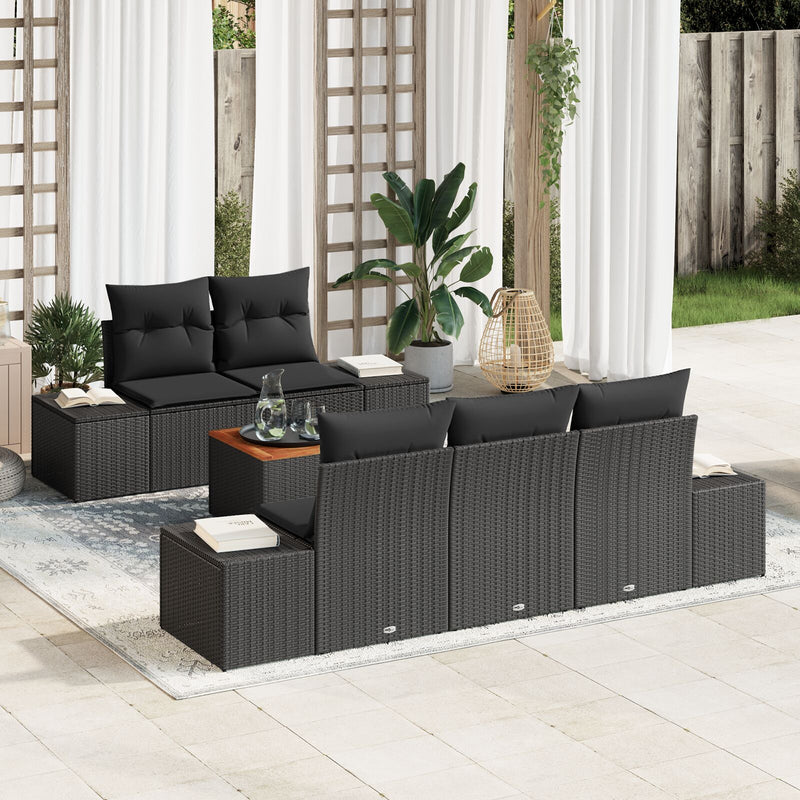 6 Piece Garden Sofa Set with Cushions Black Poly Rattan Acacia