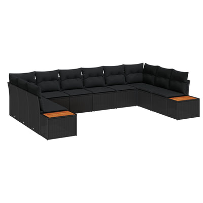 10 Piece Garden Sofa Set with Cushions Black Poly Rattan Acacia