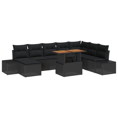 9 Piece Garden Sofa Set with Cushions Black Poly Rattan