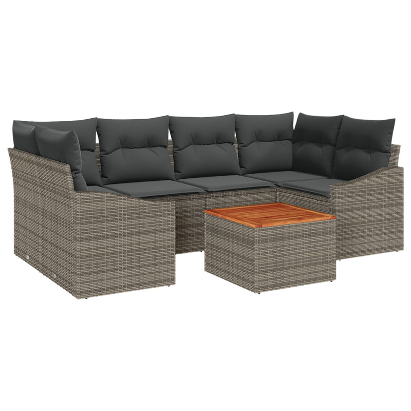 7 Piece Garden Sofa Set with Cushions Grey Poly Rattan Acacia