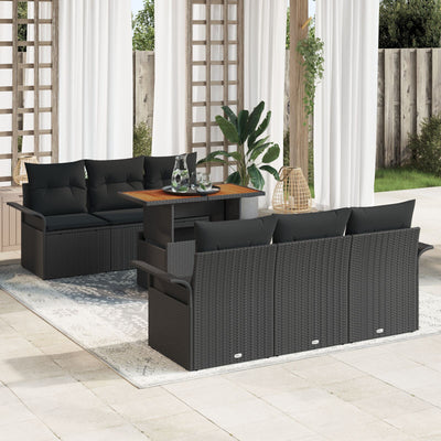 7 Piece Garden Sofa Set with Cushions Black Poly Rattan Acacia