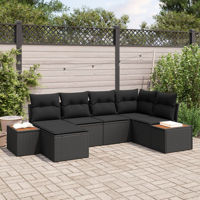6 Piece Garden Sofa Set with Cushions Black Poly Rattan Acacia