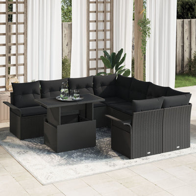 9 Piece Garden Couch Set with Cushions Black Poly Rattan