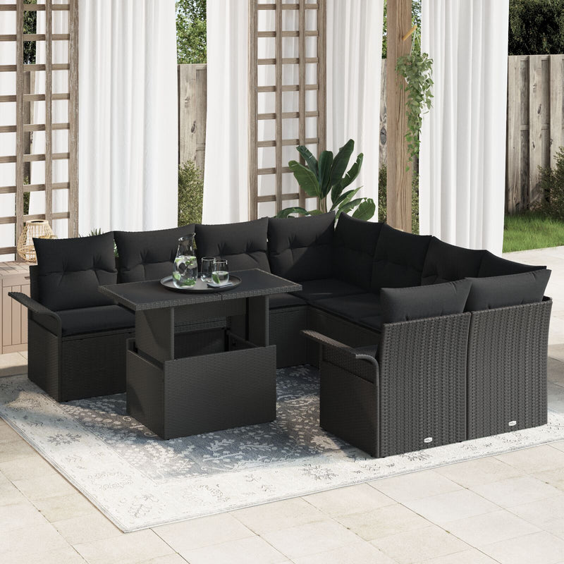 9 Piece Garden Couch Set with Cushions Black Poly Rattan