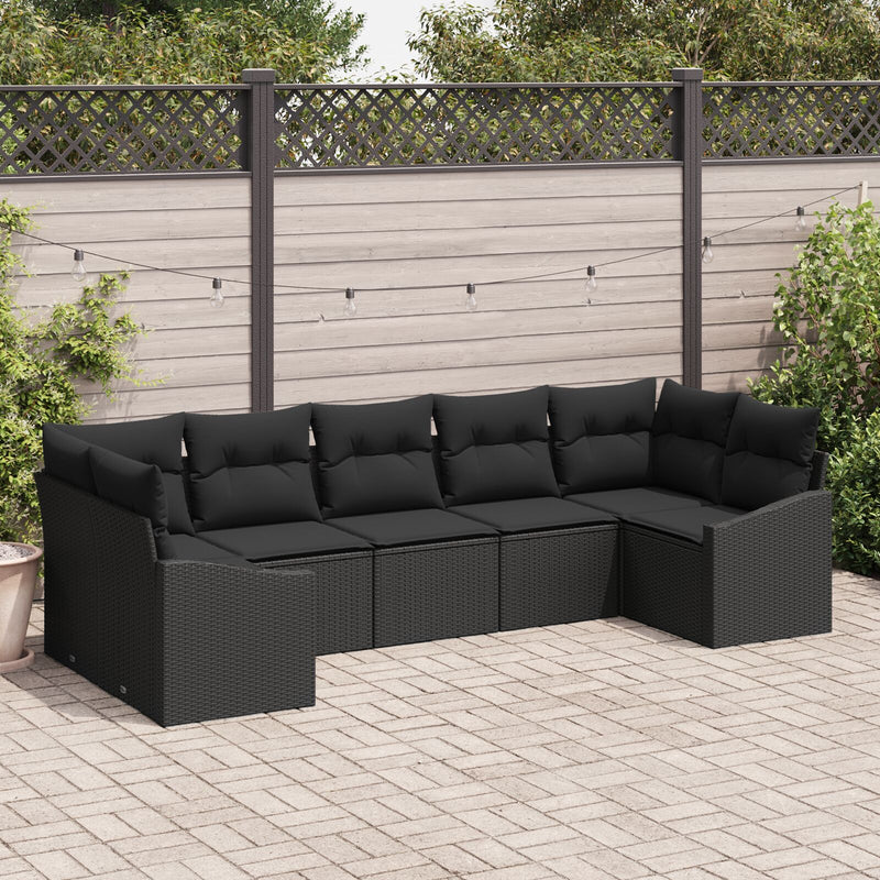 7 Piece Garden Sofa Set with Cushions Black Poly Rattan