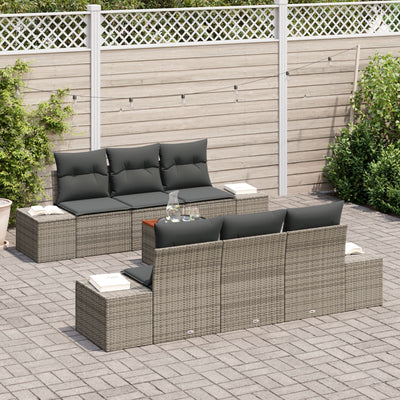 7 Piece Garden Sofa Set with Cushions Grey Poly Rattan Acacia