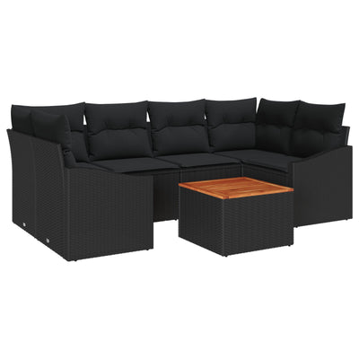 7 Piece Garden Sofa Set with Cushions in Black Poly Rattan and Acacia