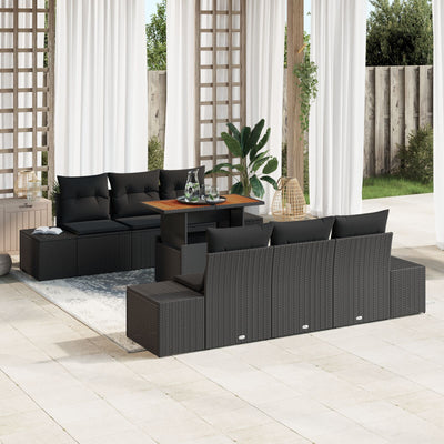 7 Piece Garden Sofa Set with Cushions Black Poly Rattan