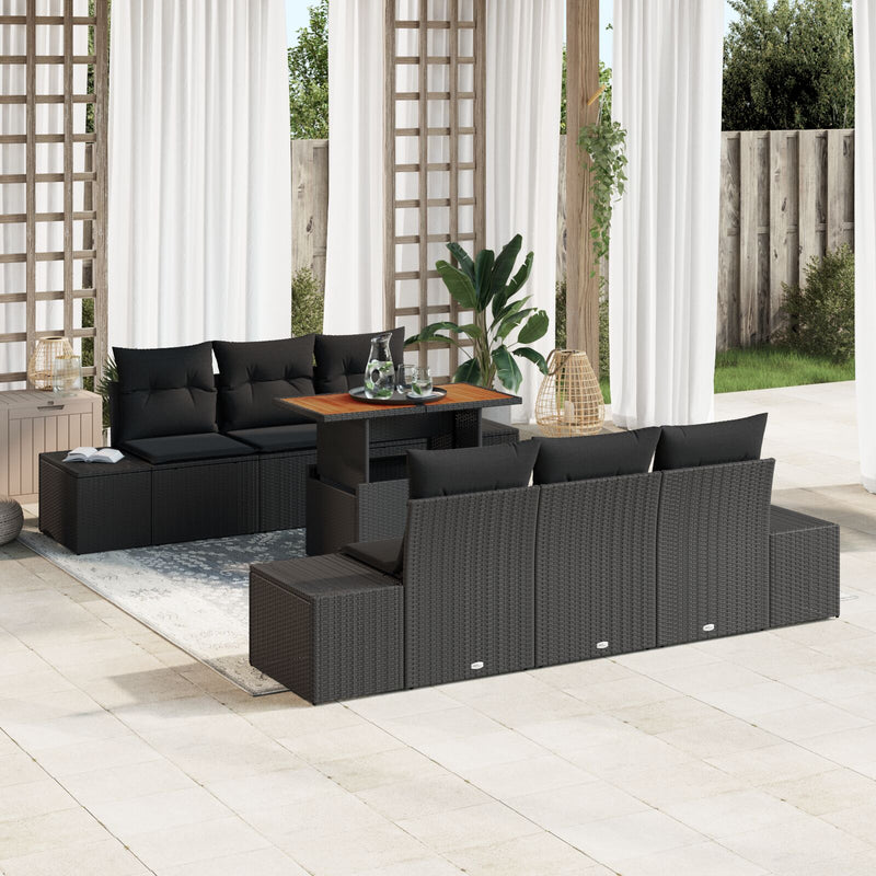 7 Piece Garden Sofa Set with Cushions Black Poly Rattan