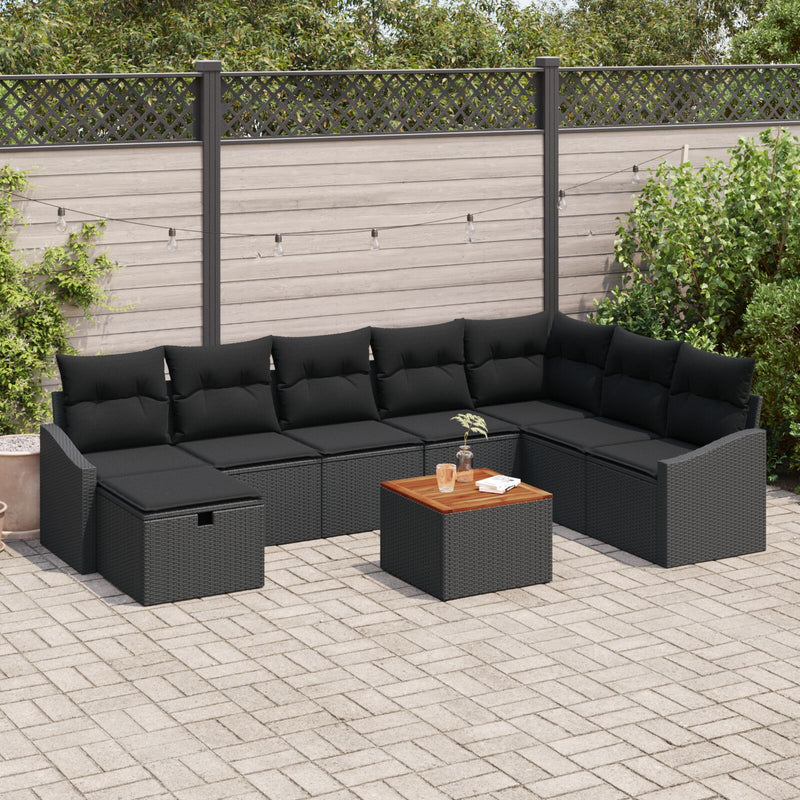9 Piece Garden Sofa Set with Cushions Black Poly Rattan