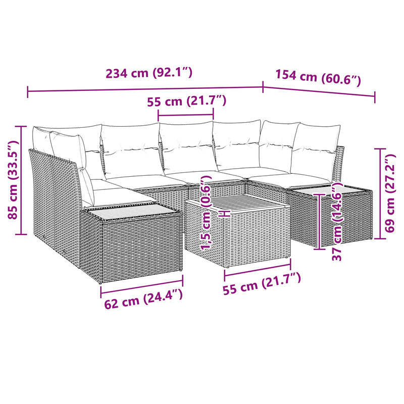 7 Piece Garden Sofa Set with Cushions Black Poly Rattan Acacia