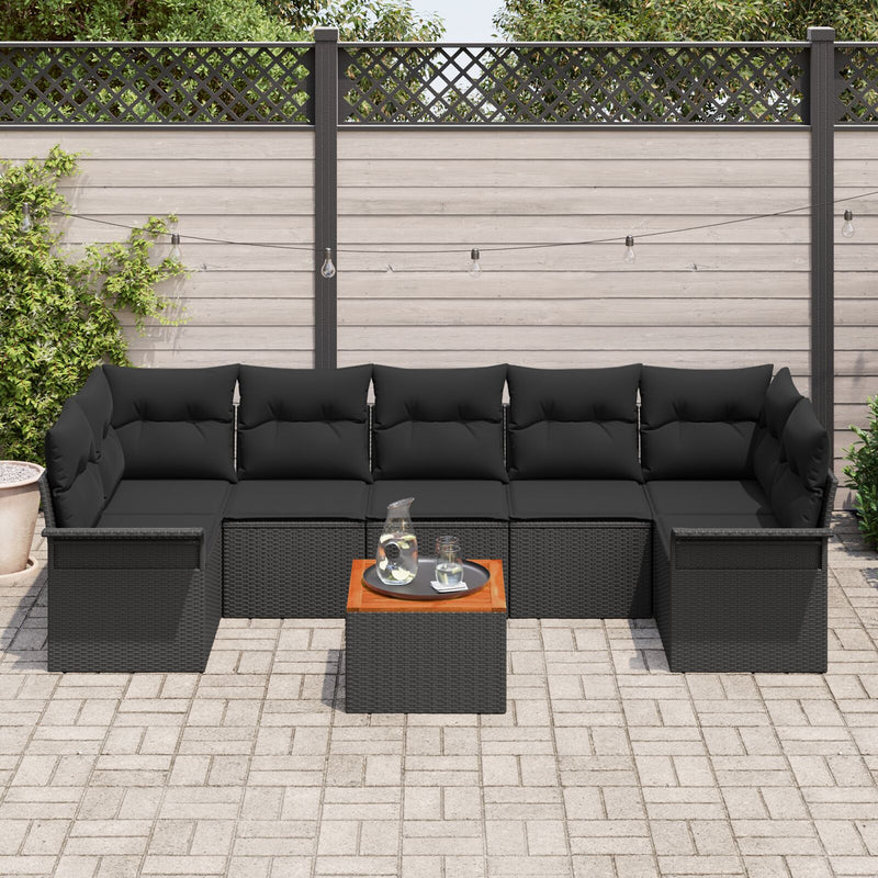 8 Piece Garden Sofa Set with Cushions Black Poly Rattan Acacia