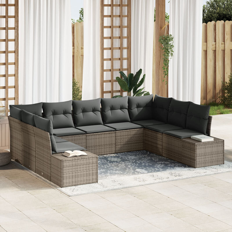 9 Piece Garden Sofa Set with Cushions Grey Poly Rattan