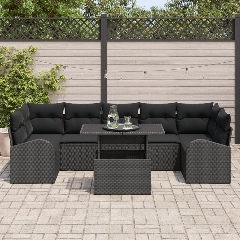 8 Piece Garden Sofa Set with Cushions Black Poly Rattan