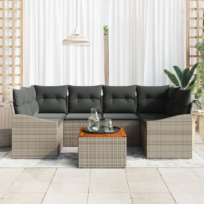7 Piece Garden Sofa Set with Cushions Grey Poly Rattan Acacia